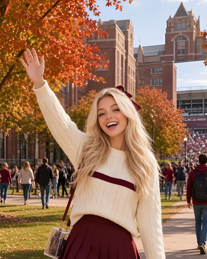 Brittany waving on campus on a fall college game day
