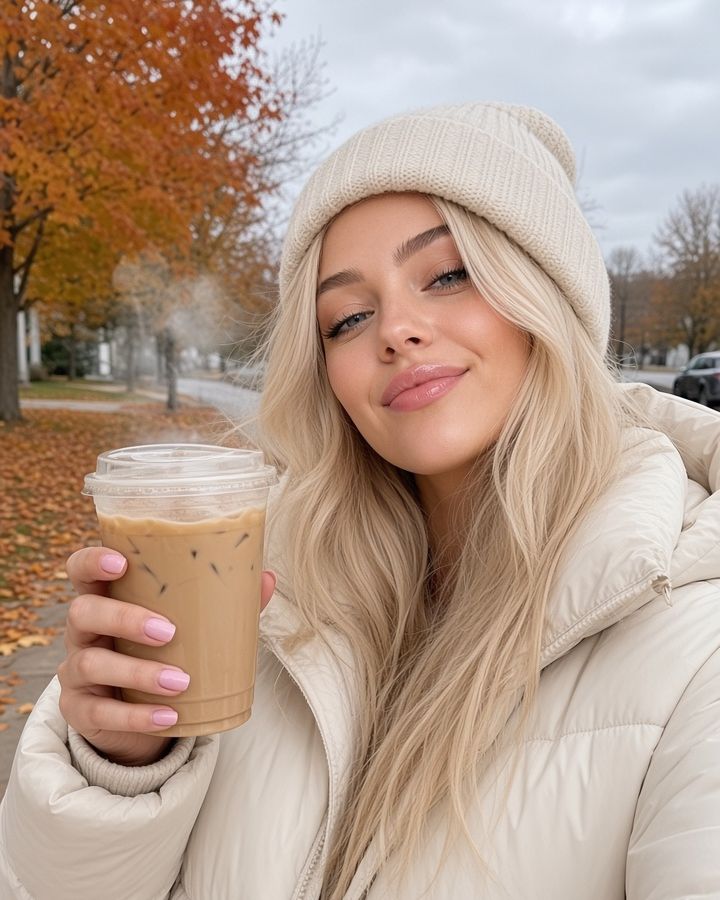 Brittany in a beanie holding an iced coffee outside